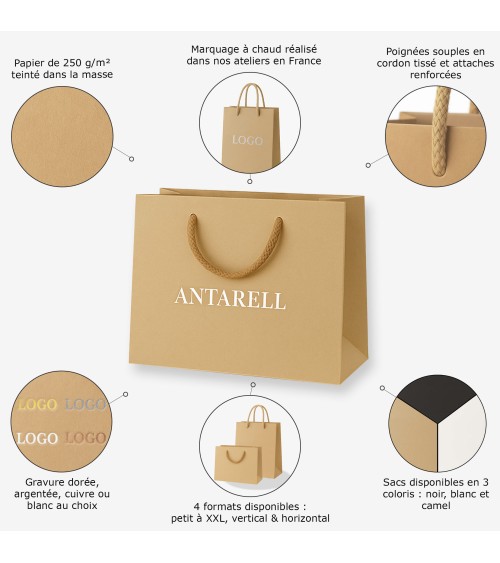 Sac Papier Luxe Camel PERSONNALISABLE pour Boutique L28 x H20 x P10 cm (Medium) – Dorure Logo