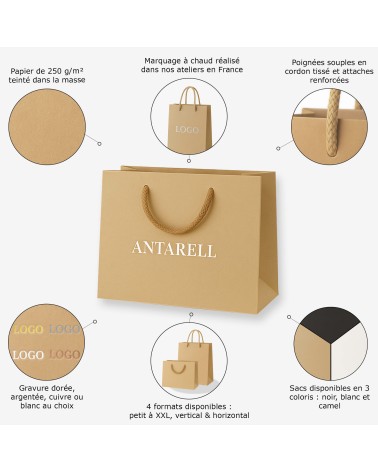 Sac Papier Luxe Camel PERSONNALISABLE pour Boutique L43 x H32 x P14 cm (XXL) – Dorure Logo
