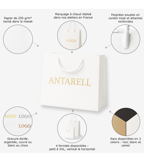 Sac Papier Luxe Blanc PERSONNALISABLE pour Boutique L28 x H20 x P10 cm (Medium) – Dorure Logo