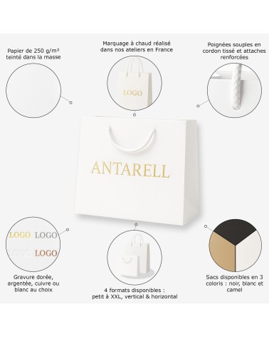 Sac Papier Luxe Blanc PERSONNALISABLE pour Boutique L28 x H20 x P10 cm (Medium) – Dorure Logo