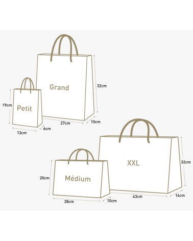 Comparaison formats sacs papier luxe — petit vertical, grand vertical, grand horizontal noir, XXL horizontal