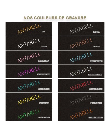 Sacs papier personnalisés noir ANTARELL, gravure à chaud or, argent, cuivre, blanche, bleu, rouge, vert, orange