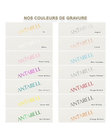 Sacs papier personnalisés blanc ANTARELL, gravure or, argent, cuivre, blanche, orange, jeune, argent pailleté