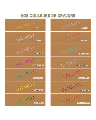 Sacs papier personnalisé noir ANTARELL - camel, estampé or, argent, bleu, rose, vert, blanche.
